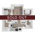 Modern 3D floor plan showcasing 2 bedrooms, an inviting living area, and a sleek kitchen layout, marked as sold out.