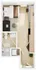 Sleek studio apartment floor plan featuring a cozy bedroom area, modern kitchen, compact bathroom, and efficient living space.