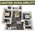 Modern 3D floor plan highlighting two cozy bedrooms, a contemporary open-concept living space, and a sleek kitchen with island seating. Limited availability noted.