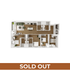 Modern apartment floor plan showcasing an open-concept living space, three bedrooms, stylish kitchen, and elegant bathrooms. Sold out.