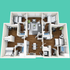 Modern 3D floor plan showcasing 3 bedrooms with stylish finishes, a cozy living room, open kitchen with dining space, and two elegant bathrooms.