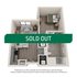 Modern 3D floor plan of a one-bedroom apartment featuring an open-concept living area, sleek kitchen with island, and spacious bathroom, now sold out.