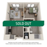Cozy 3D floor plan showcasing a modern one-bedroom apartment with an open living area, stylish kitchen, and private bathroom.