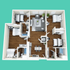 Modern 3D floor plan featuring 3 spacious bedrooms, a cozy living area, and a fully-equipped kitchen with dining space.