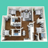 Modern 3D floor plan showcasing three bedrooms, a cozy living room, sleek kitchen, and two bathrooms, highlighted by stylish wood flooring.