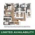 Modern 3-bedroom apartment floor plan featuring an open-concept living area, sleek kitchen, and two elegant bathrooms, highlighting limited availability.