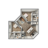Modern 3D floor plan showcasing 2 cozy bedrooms, a stylish open-concept kitchen and living room, and a compact bathroom, perfect for contemporary living.