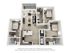 Modern 3D floor plan showcasing 3 bedrooms, a luxurious open living space, and sleek kitchen design with island seating, featuring two contemporary bathrooms and a cozy balcony area.