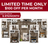 Elegant 4-bedroom apartment floor plan with modern open-concept living, gourmet kitchen, and stylish bathrooms. Limited time offer: rent starting at $870/month with $100 off per month.