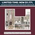 Modern apartment floor plan featuring 2 bedrooms, open-concept living room, and sleek kitchen layout, offering a special limited-time price of $1,171.