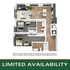 Elegant 3D floor plan featuring two cozy bedrooms, modern open-concept living and dining area, sleek kitchen, and spacious bathroom. Ideal for luxurious living with limited availability.