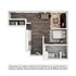 Modern floor plan featuring an open-concept living area, stylish kitchen, cozy bedroom, and elegant bathroom.