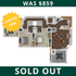 Elegant 3D floor plan showcasing a modern apartment with two bedrooms, two bathrooms, spacious living area, and open kitchen. SOLD OUT with a special limited time offer banner.