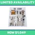 Modern 3D floor plan highlighting a single bedroom, open living and dining area, and sleek kitchen. Limited availability, now only $1,049.