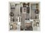 Inviting 3D floor plan featuring two spacious bedrooms, elegant open-concept living and dining area, modern kitchen with island, and two stylish bathrooms.