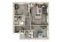 Modern apartment floor plan with 2 bedrooms, open-concept living and dining area, and a stylish kitchen, perfect for comfortable urban living.
