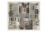 Modern 3D floor plan showcasing two spacious bedrooms, a stylish open-concept living area, a sleek kitchen with an island, and two contemporary bathrooms.