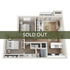 Modern 3D floor plan showcasing a cozy 1-bedroom apartment, featuring an open living area, stylish kitchen with bar seating, and a private balcony. Sold out.
