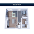Modern 3D floor plan showcasing a cozy one-bedroom apartment with an open living area, sleek kitchen, and stylish bathroom, labeled as sold out.
