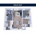 Modern 3D floor plan featuring 2 bedrooms, an open living area, and spacious kitchen, labeled sold out.