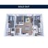 Modern 3D floor plan showcasing a stylish apartment layout with two bedrooms, a cozy living area, and a sleek kitchen. Now sold out.