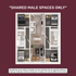 Modern floor plan highlighting shared male spaces with 4 cozy bedrooms, stylish living room, and contemporary kitchen design.