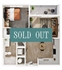 Modern floor plan showcasing a sold-out unit with a cozy bedroom, stylish open-concept living room, and kitchen, plus a charming balcony.