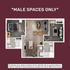 Contemporary 2-bedroom male-only apartment floor plan featuring a stylish open-concept living area and two modern bathrooms.