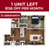 Modern apartment floor plan featuring 1 bedroom and stylish open-concept living area with discounted rent offer.