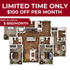Inviting floor plan with three bedrooms, elegant open-concept living space, modern kitchen with island, and two bathrooms. Limited time offer: $100 off monthly rent, now as low as $850/month.