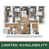 Modern 3D apartment floor plan showcasing 3 bedrooms, open living room, and sleek kitchen with island seating. Elegant wood flooring and contemporary design elements. Limited availability.
