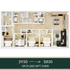 Modern 4-bedroom apartment floor plan with open living space, elegant kitchen, and two sleek bathrooms, now available at a reduced price.