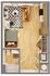 Chic studio apartment floor plan with cozy sleeping area, stylish living room, modern kitchen, and compact bathroom.