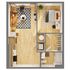 Elegant apartment floor plan showcasing open-concept living space with a stylish kitchen, cozy bedroom, and modern bathroom.