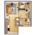Modern 1-bedroom apartment floor plan showcasing an open living area, sleek kitchen, and stylish bathroom with ample storage.