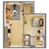 Chic 2D floor plan showcasing a cozy one-bedroom layout with an open-concept living room and kitchen, complemented by modern furnishings and elegant hardwood floors.