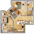 Modern 3D floor plan featuring 2 bedrooms, stylish open-concept living and dining area, and a sleek kitchen with a breakfast bar.