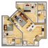 Chic apartment floor plan with two cozy bedrooms, a contemporary living area, stylish kitchen, and elegant wood flooring, perfect for urban living.