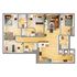 Modern 3D floor plan showcasing 3 spacious bedrooms, a cozy living room with stylish decor, and a sleek open-concept kitchen.