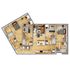 Modern 3D floor plan showcasing a stylish apartment with three bedrooms, two bathrooms, an open-concept kitchen, and a spacious living area featuring elegant wooden floors.