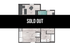 Modern apartment floor plan with a cozy living area, spacious bedroom, and fully equipped kitchen. Sold out status displayed prominently.