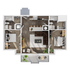 Modern open-concept floor plan featuring 2 bedrooms, 2 bathrooms, a stylish kitchen with an island, and a cozy living room. Includes a charming balcony area, perfect for relaxation.