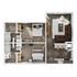 Modern 2D apartment floor plan featuring two bedrooms, two bathrooms, an open kitchen with a breakfast bar, and a cozy living room with stylish furnishings.
