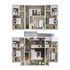 Modern apartment floor plan showcasing two levels with three cozy bedrooms, two stylish bathrooms, an open-concept kitchen, and a welcoming living area.