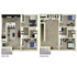Modern two-story floor plan featuring three bedrooms, a stylish open kitchen with island, and a spacious living area, perfect for family living.