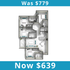 Modern 3-bedroom apartment floor plan with spacious living and dining areas, discounted from $779 to $639.