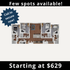 Modern floor plan highlighting three bedrooms, expansive living area, and sleek kitchen, starting at $629.