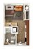 Modern studio apartment floor plan showcasing a cozy bedroom area, sleek kitchen, and stylish bathroom with efficient use of space.