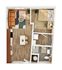 Modern 2D floor plan showcasing a cozy 1-bedroom apartment with open-concept living and dining area, sleek kitchen, and stylish bathroom.