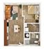 Modern one-bedroom apartment floor plan featuring an open-concept living and kitchen area, cozy dining space, sleek bathroom, and dedicated workspace.
